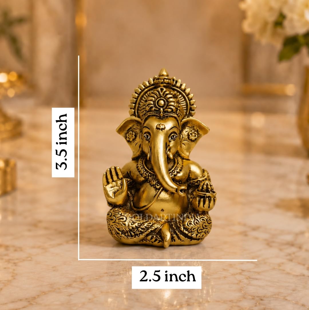 Gold Art India Lord Ganesha 24K Gold Plated Idol | Antique Matte Finish | Premium Peacock Green Velvet Gift Box | Ganesh Murti for Home Temple, Office Desk & Car Dashboard | Luxury Spiritual Gift