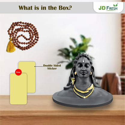 JD FRESH 3 Inch Adiyogi Statue with Rudraksh Mala/Resin Car Dashboard Idols/Lord Shiva for Pooja/Shivratri Gift/Decor/Shiv Murti/Mahadev Statues/Decorative Items for Home/Office (Black)