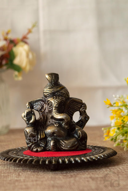 Pagdi Metal Lord Ganesha on Round Base (10.2 cm x 10.2 cm x 7.6 cm, Brown)