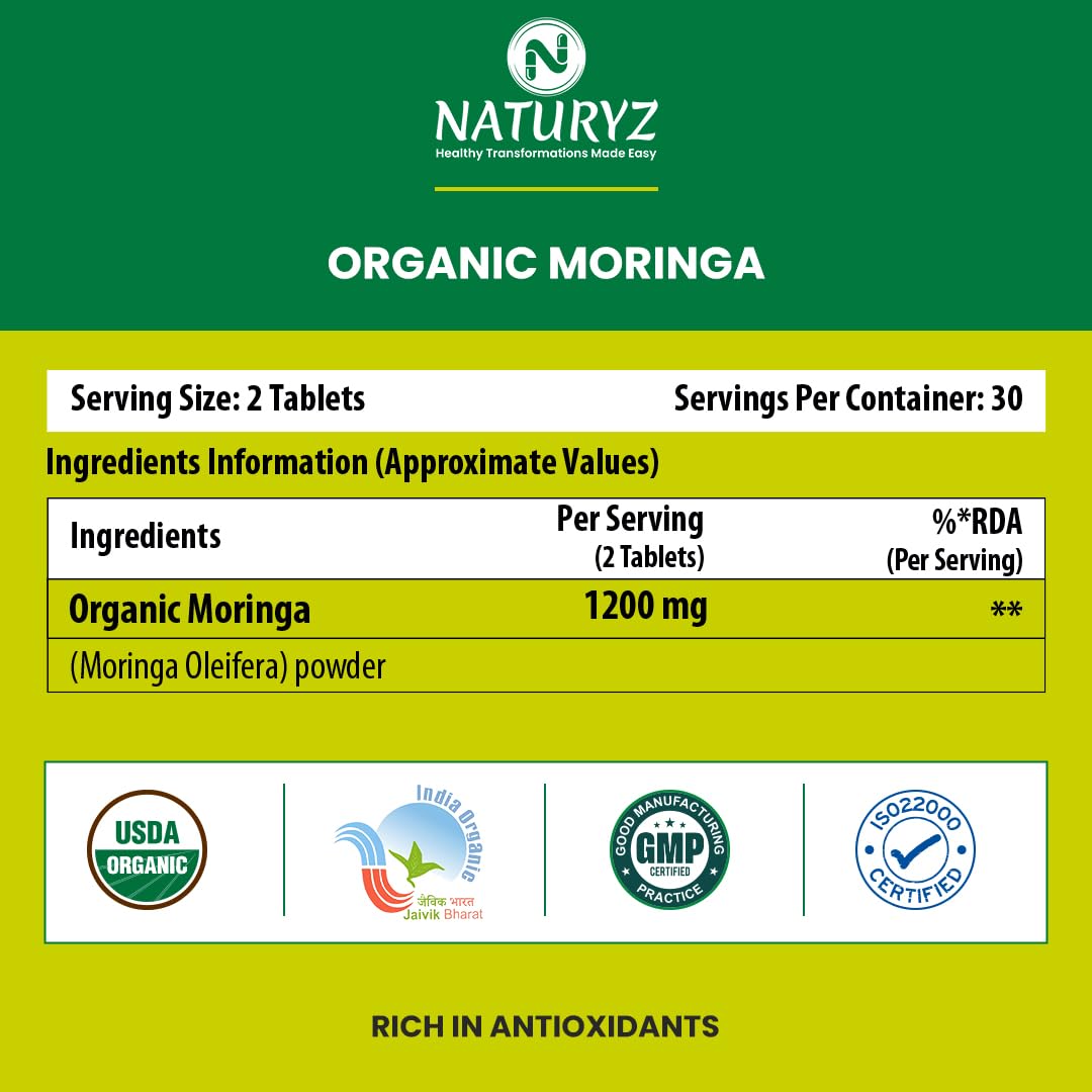 Naturyz Organic Moringa supplement label with serving size, ingredients, and certification logos on a green and yellow background.