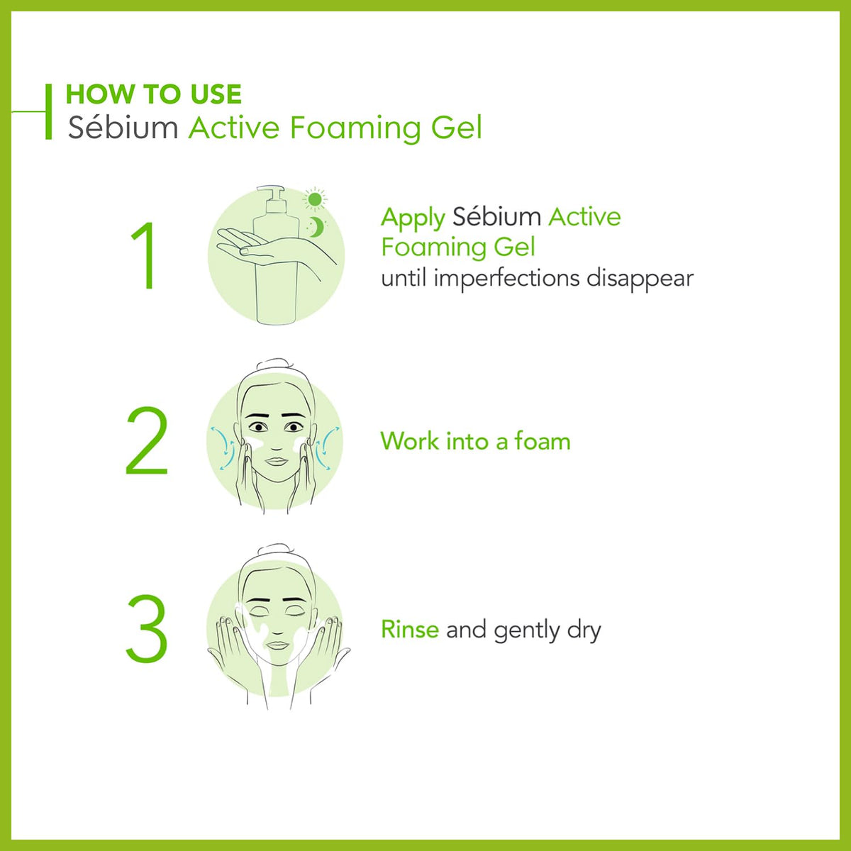 Instructions for using Sébium Active Foaming Gel with step-by-step icons on a white background.
