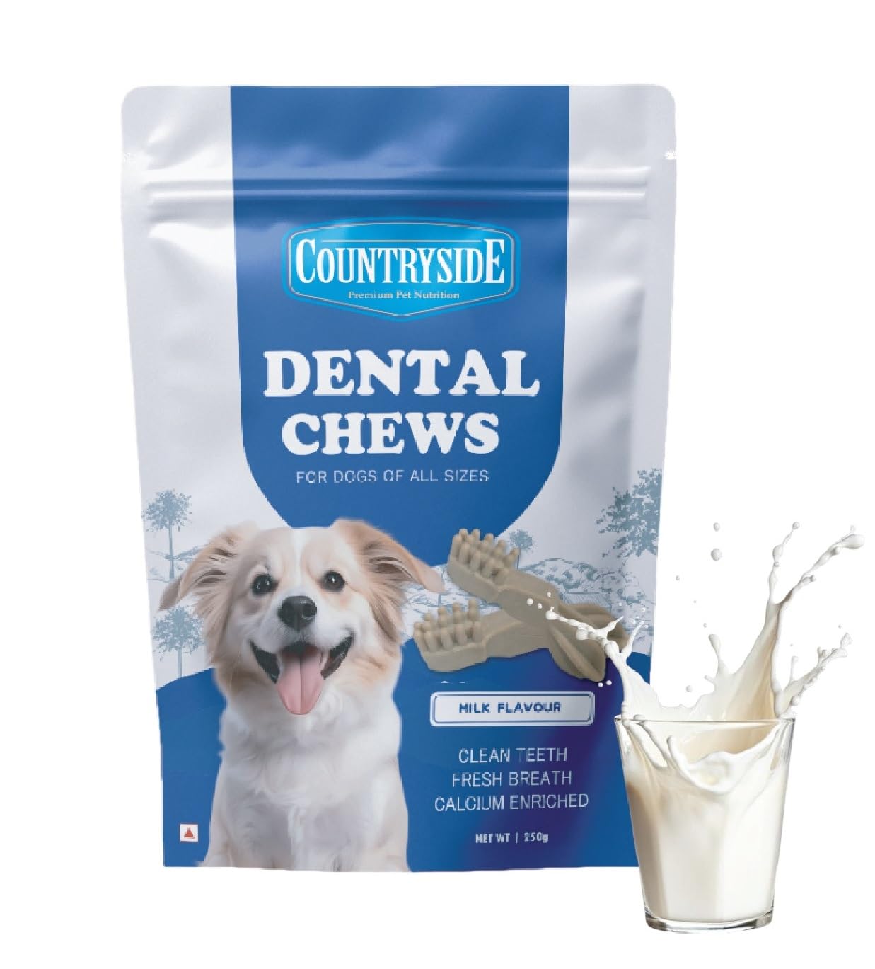 COUNTRYSIDE Dog Dental Chews Treats 250g – Milk Flavor | Brush-Shaped Chews for Dogs, Oral & Gum Care for Dogs | Fights Plaque & Tartar | Freshens Breath | Calcium Enriched & Gluten Free