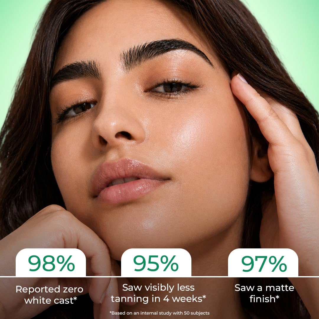 Woman with a close-up of her face, showing skin texture and color, with text indicating product performance statistics.