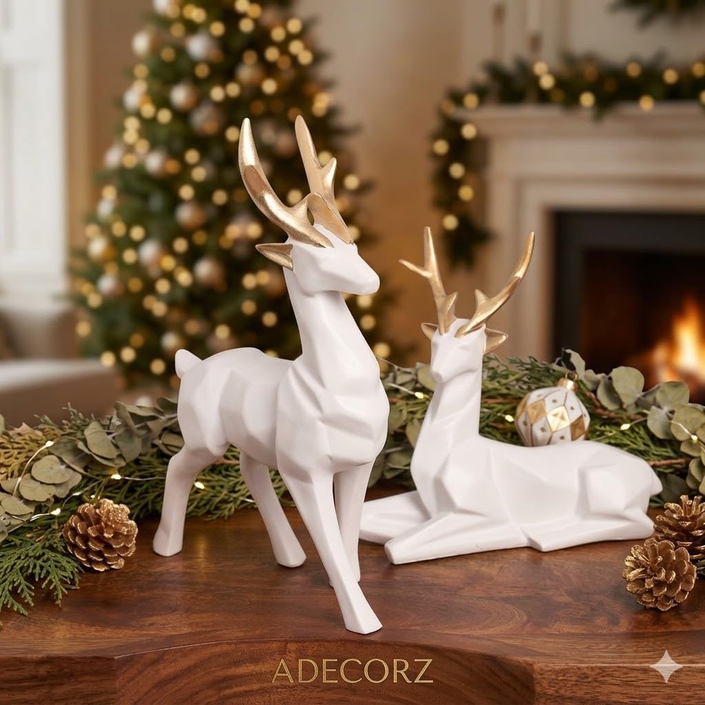 Geometric Resin Deer Sculpture Set of 2, White with Gold Antlers, Resin, 12.3 x 6.5 cm, Home Decor Figurines | Standing & Sitting Deer Pair | Creative Showpiece for Gift | Handcrafted