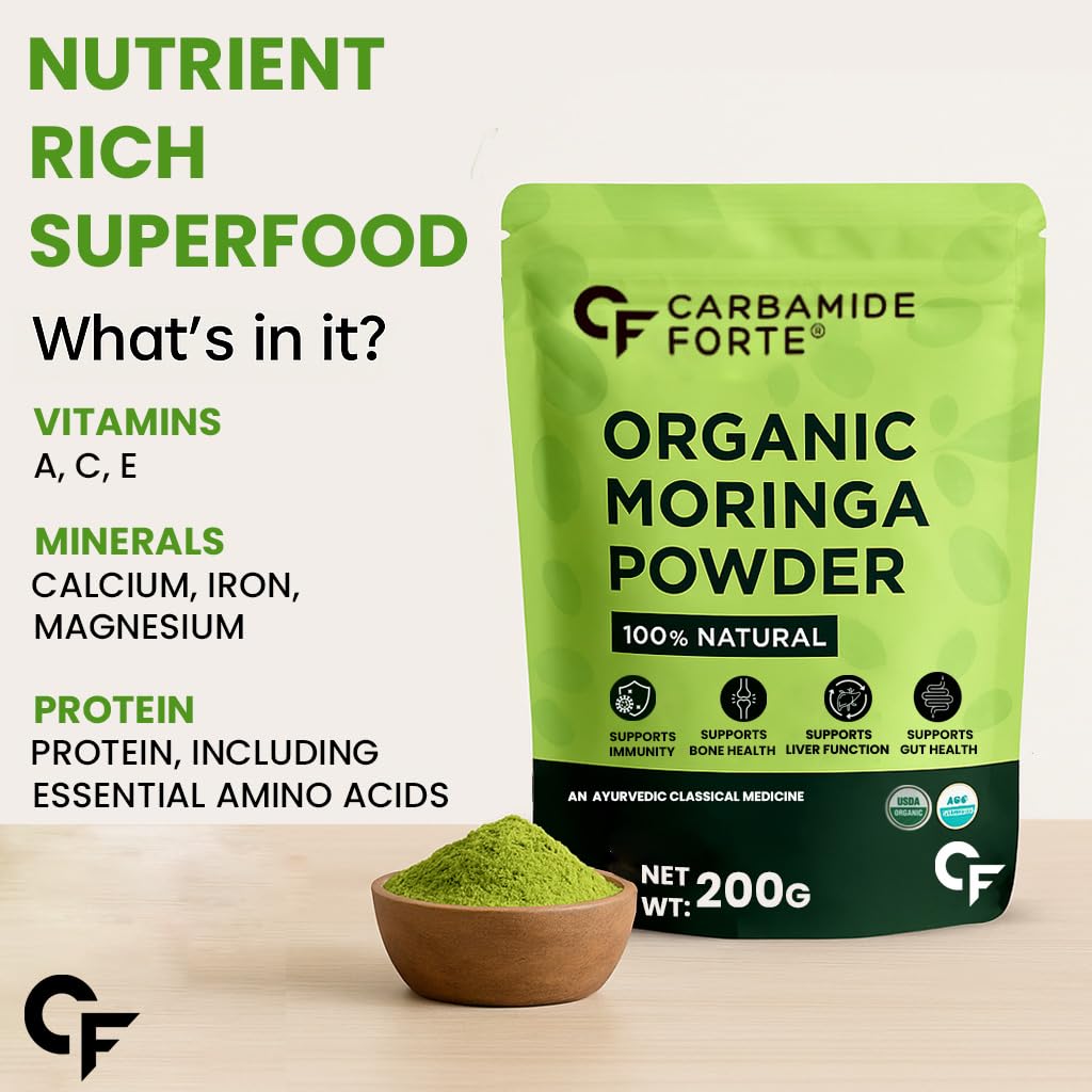 Green package of Carbamide Forte Organic Moringa Powder with text detailing its nutritional benefits on a white background.