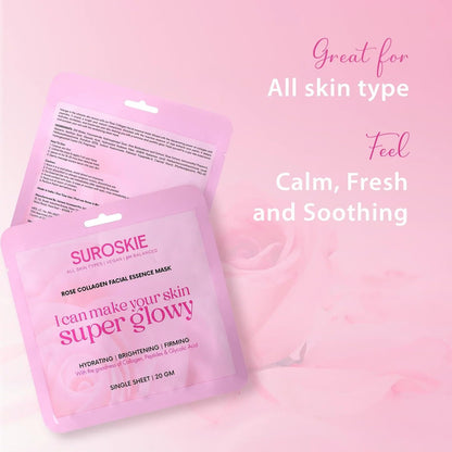 Suroskie Rose Collagen Facial Essence Mask – Korean Brightening Sheet Mask With Real Rose Extract & Anti-Aging Collagen | Intense Hydration, Firming Glow, Radiance Boost For Dull, Dry, Tired Skin