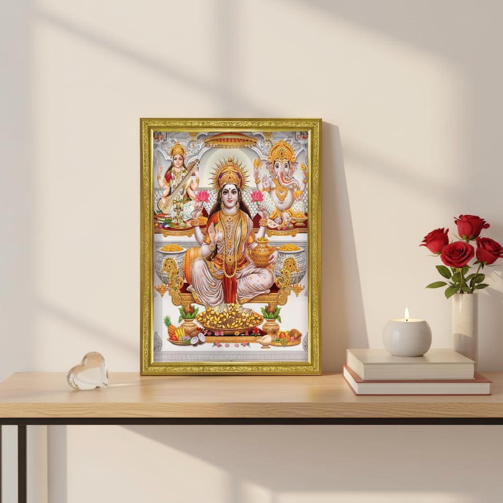 Lakshmi With Ganesha and Saraswati Photo Painting with Golden Frame for Temple - (14 x 12 Inches)