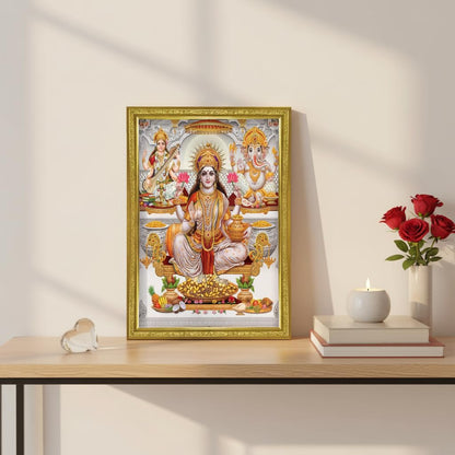 Lakshmi With Ganesha and Saraswati Photo Painting with Golden Frame for Temple - (14 x 12 Inches)