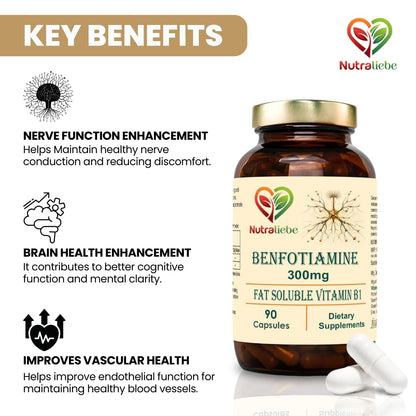 Nutraliebe Benfotiamine 300mg - Fat Soluble Vitamin B1 for Nerve Health Support, 90 Capsules