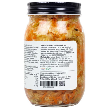 Urban Platter Sauerkraut Original Pickled Probiotic Cabbage with Carrot, 450g / 15.8oz [Raw, Artisanal, Plant-Based, Preservative Free]