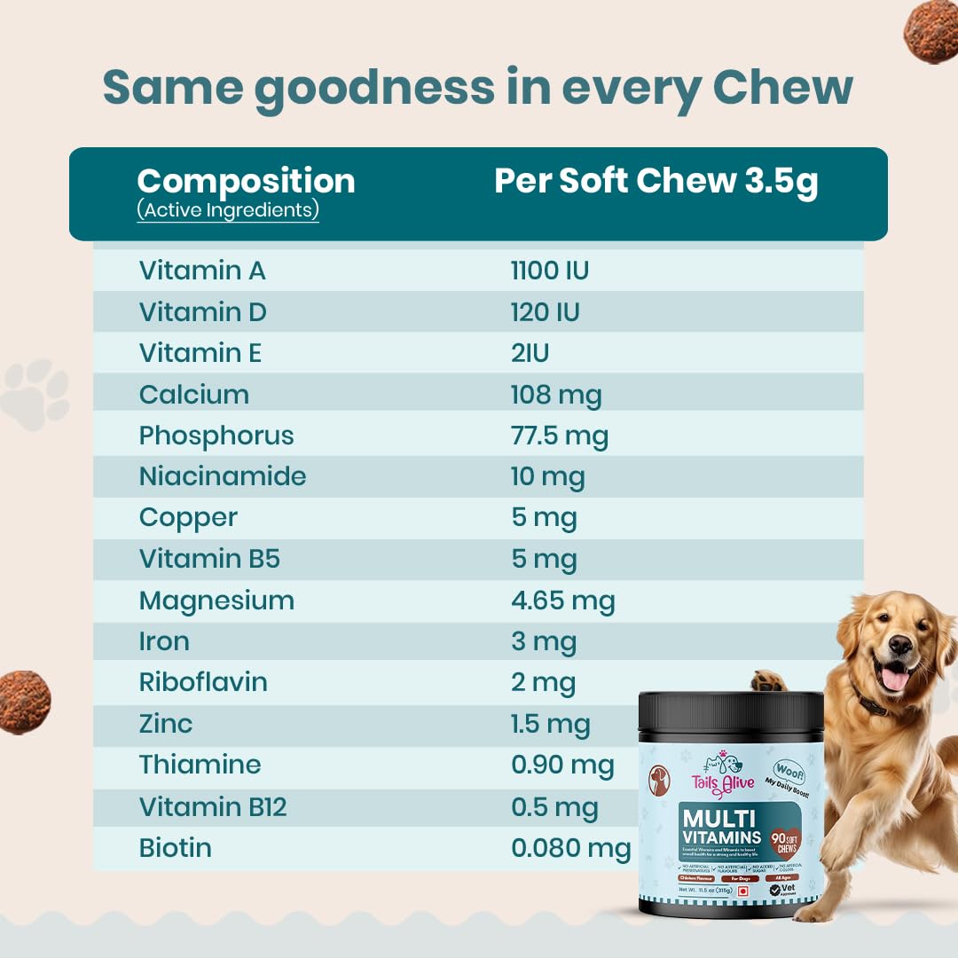 TailsAlive 15-in-1 Multivitamin Soft Chew Supplements for Dogs | Daily Vitamins & Minerals for Immunity, Energy & Growth | Cold-Pressed, Vet Approved | Chicken Flavour | For All Breeds - 90 Soft Chews