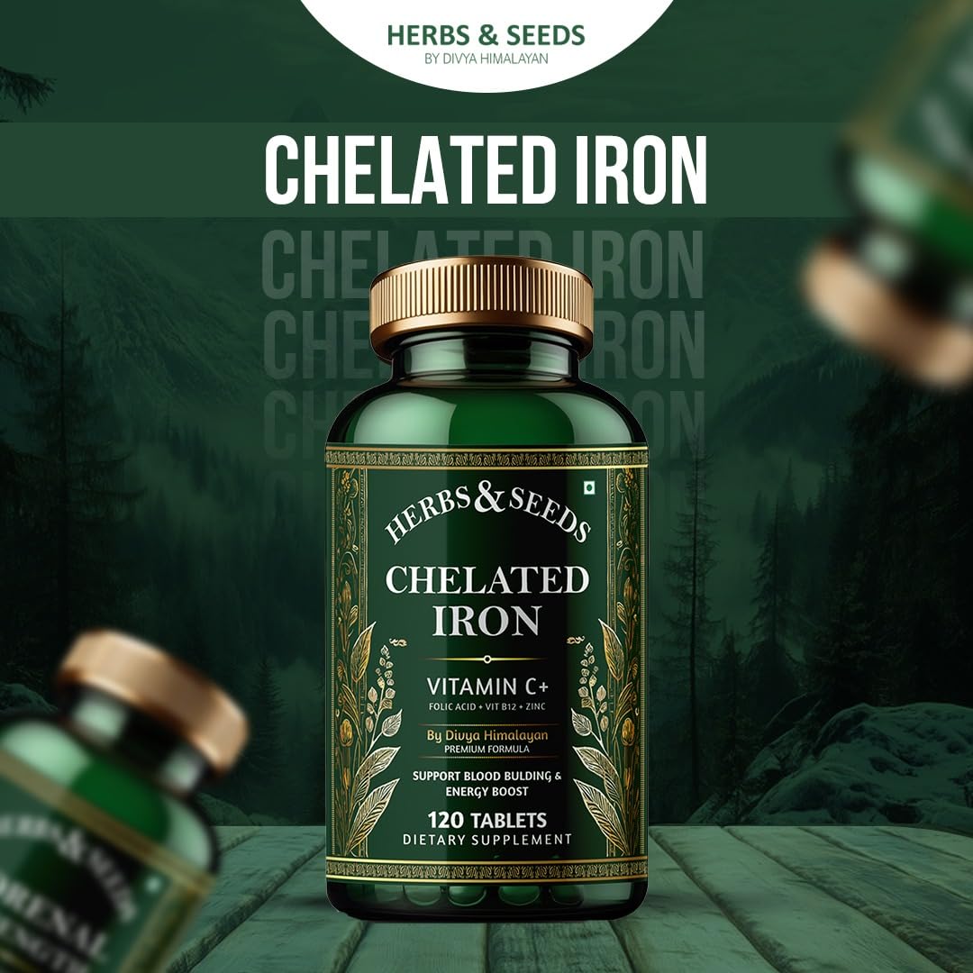 Herbs & Seeds Chelated Iron supplement bottle on a green background