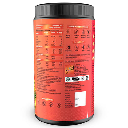 Supplement container with red label and black lid on a white background