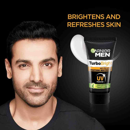 Man with a beard and Garnier Men Turbo Bright product on a black background