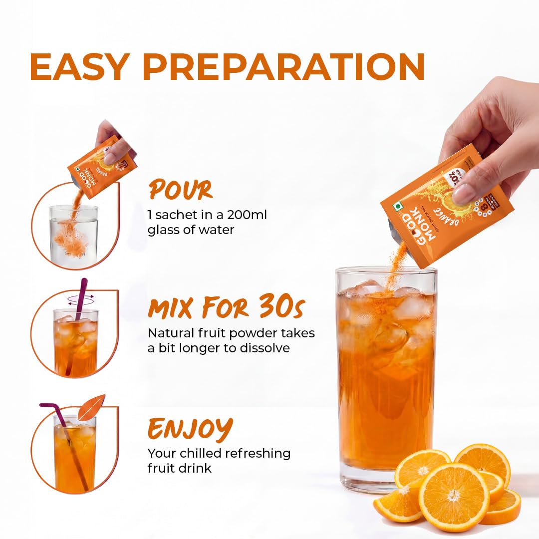 Good Monk Fruit Drink Mix (Natural Orange Powder), 50% Less Sugar with 8 Vitamins & Minerals (Vitamin B12, C, D, Iron & more) | Tasty, Healthy & Tangy Drink Mix for Hydration, Energy, Immunity, 24 Sachets