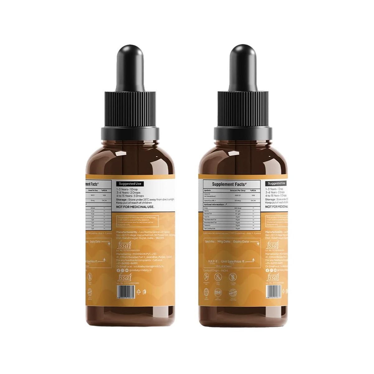 Miduty Coco D3 + K2 Vitamin D3 Drops for Babies & Kids | 600 IU D3 with MK-7 (K2) | Cholecalciferol + MK-7 for Stronger Bones, Teeth, Joints & Immunity | 50 ml