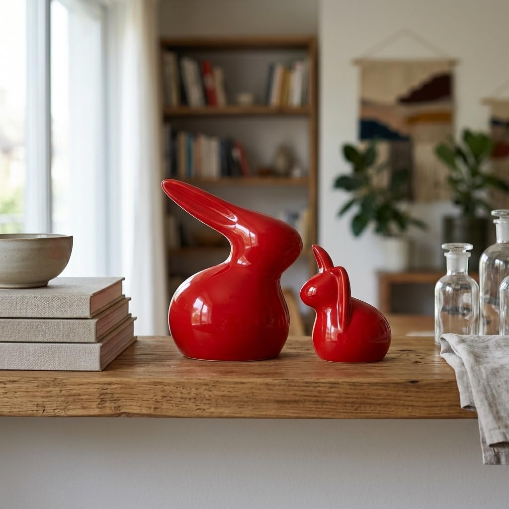 Home Décor Ceramic Rabbit Figurines (Set of 2, Red Color)