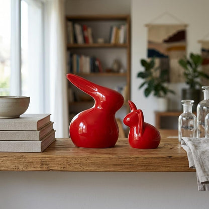 Home Décor Ceramic Rabbit Figurines (Set of 2, Red Color)