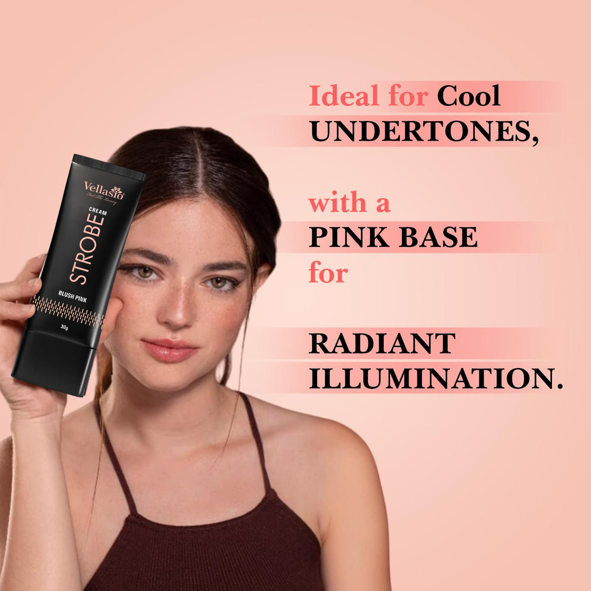 Woman holding a Vellash Strobe product with text about its use for cool undertones on a pink background