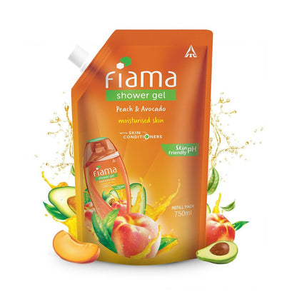 Fiama Shower Gel Peach & Avocado Body Wash with Vitamin E, 750 ml Refill Pack, Value Pouch for Soft Moisturised & Hydrating Skin,