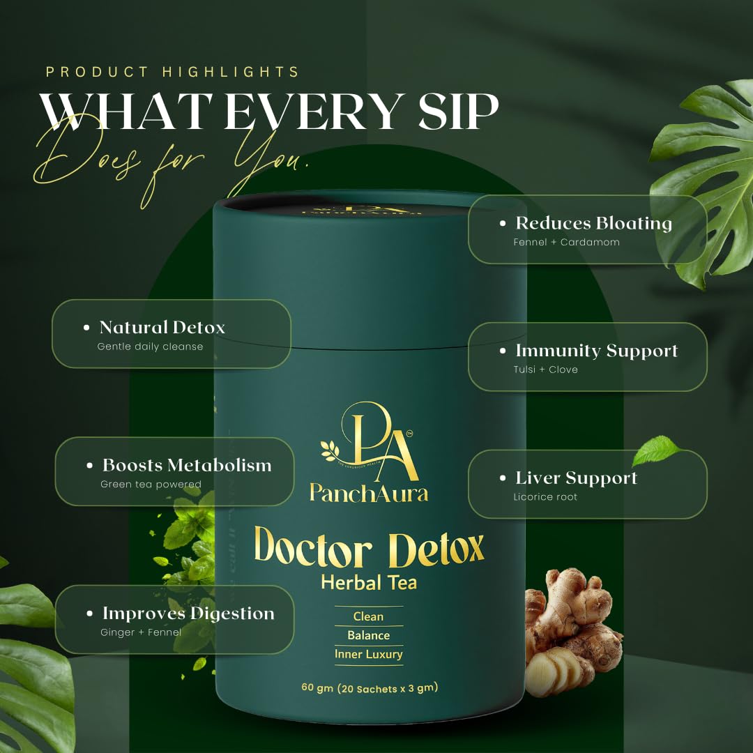 PanchAura Doctor Detox Herbal Tea 60 Cups | Ayurvedic help in Weight Loss, Bloating | Digestion, Gut Health & Immunity | Green Tea, Tulsi, Ginger | Liver Detox & Sleep