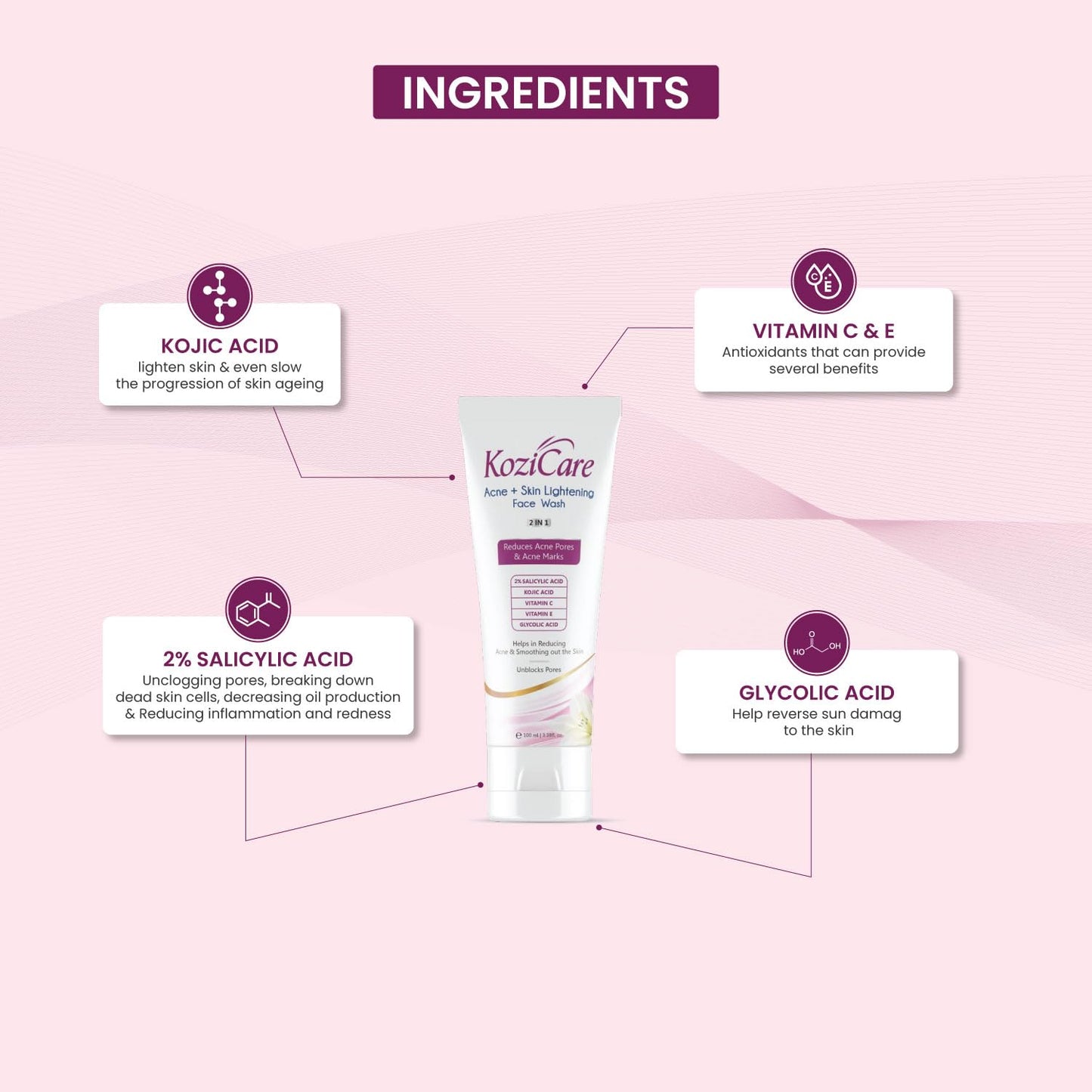 KoziCare skin lightening cream with listed ingredients on a pink background