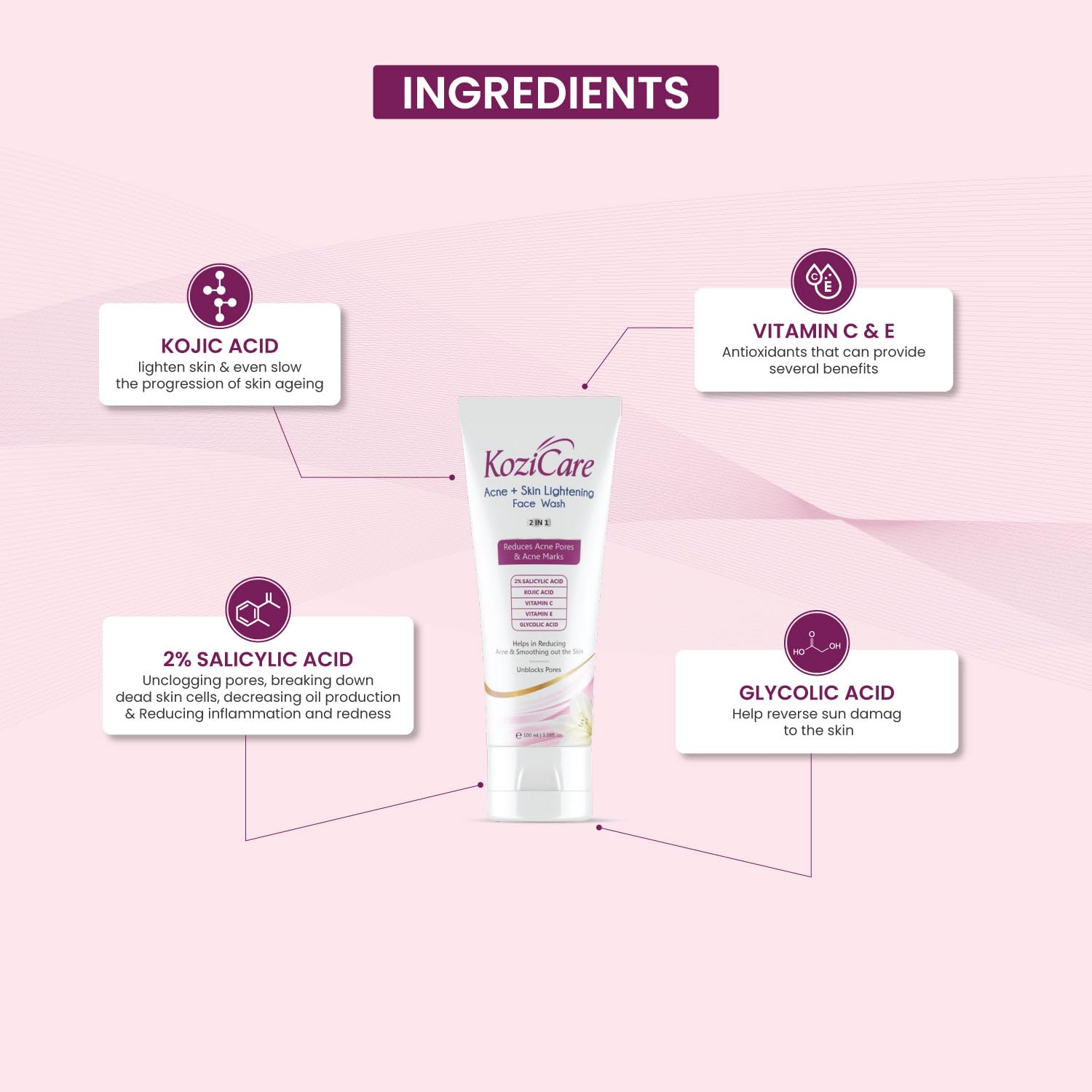 KoziCare skin lightening cream with listed ingredients on a pink background