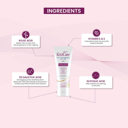 KoziCare skin lightening cream with listed ingredients on a pink background