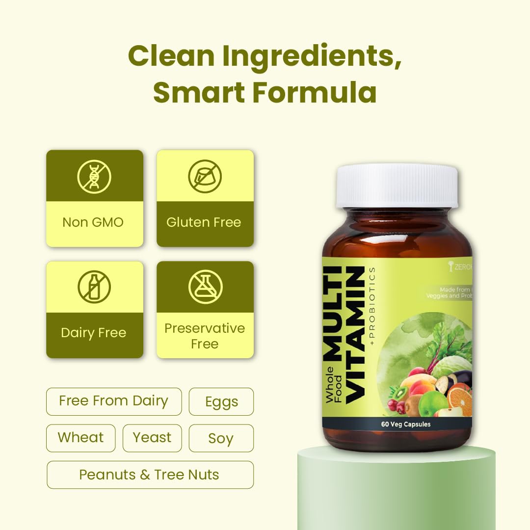 ZEROHARM Multivitamin+Probiotics for Men & Women | Plant-Based Daily Supplement with 25 Probiotic Strains | Boosts Immunity, Energy & Digestion | Whole Food Multivitamins & Minerals | 60 Veg Capsules