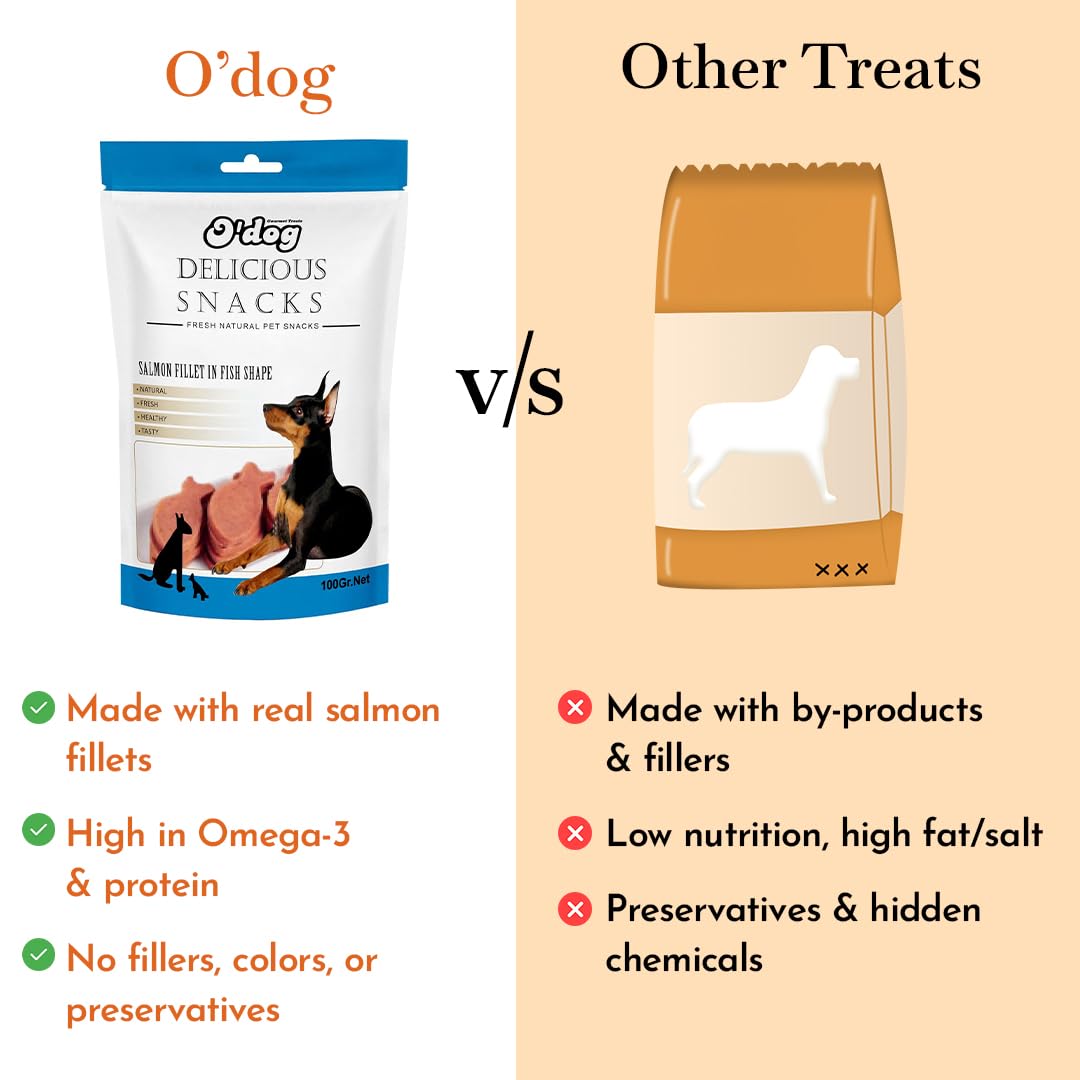 PETS EMPIRE O'Dog Fish Shape Salmon Fillet, Healthy Dog Treats, Chewy Dogs Bites for Training and Feeding, Made with Real Salmon, Non-Vegetarian Pup Snacks for Dogs, Puppies - 100g
