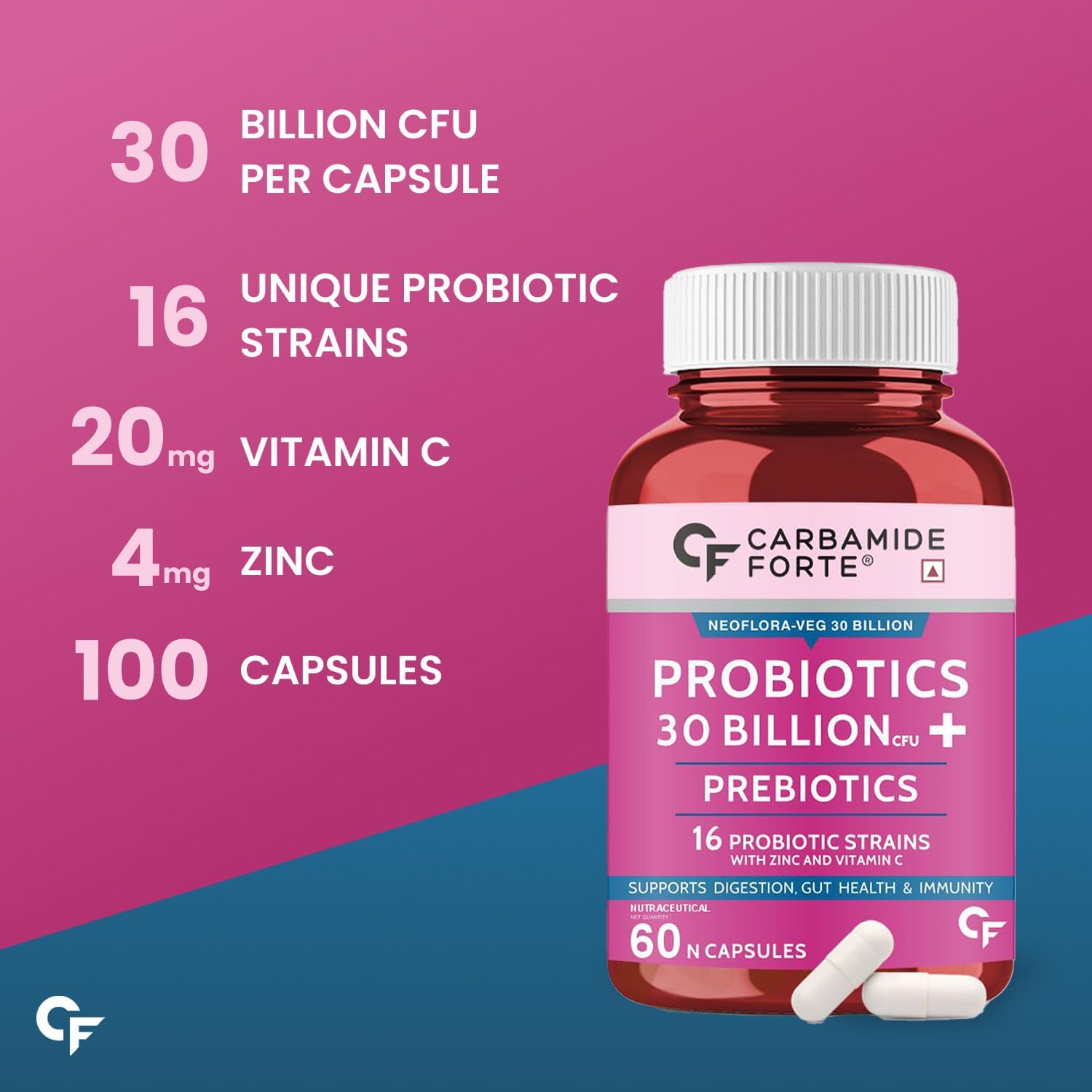 Probiotic supplement bottle with key details on a pink and blue background