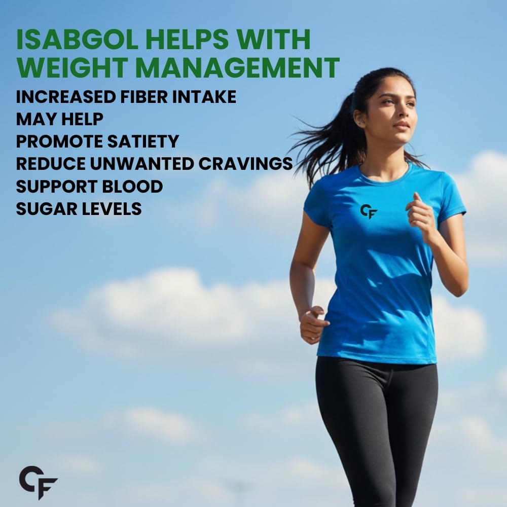 Woman running outdoors with text about isabgol benefits on a clear sky background