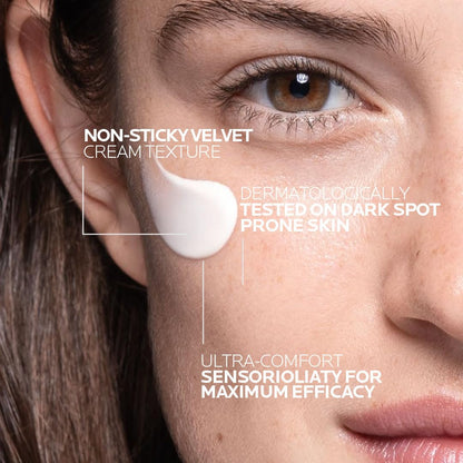 Close-up of a woman's face with skincare product applied, highlighting features like 'Non-Sticky Texture' and '72H Intense Hydration'.