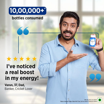Man holding a supplement bottle with text about consumption and customer feedback.