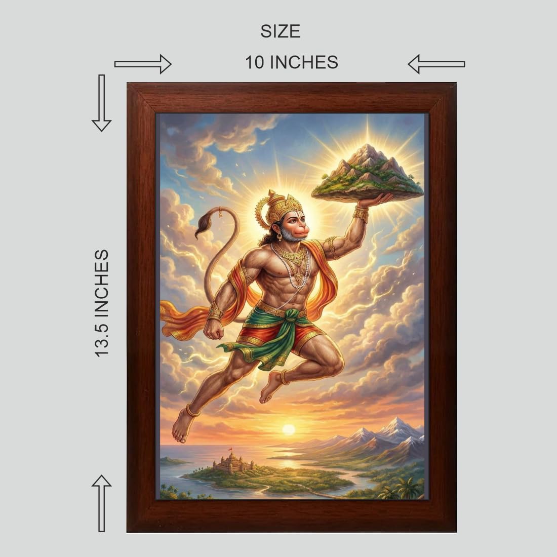 Hanuman Carrying the Sanjeevani Mountain Wall Art | Brown Frame | 10 x 13.5 Inch