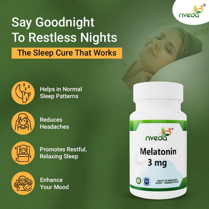Nveda Melatonin 3mg | Natural Sleep Aid Supplement | Supports Deep Sleep, Stress & Anxiety Relief | Non-Habit Forming | 60 Tablets