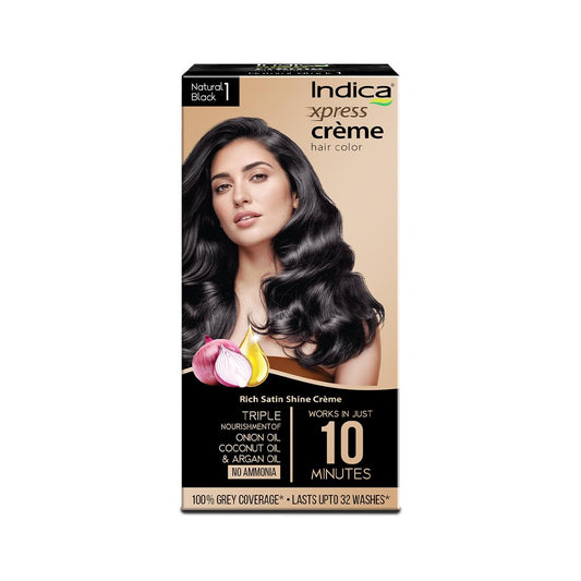Indica Xpress Crème Hair Color Natural Black 1 | 60g+75ml | 10min Color | No Ammonia | Onion, Coconut & Argan Oil | 100% Grey Coverage | Lasts Up to 32 Washes