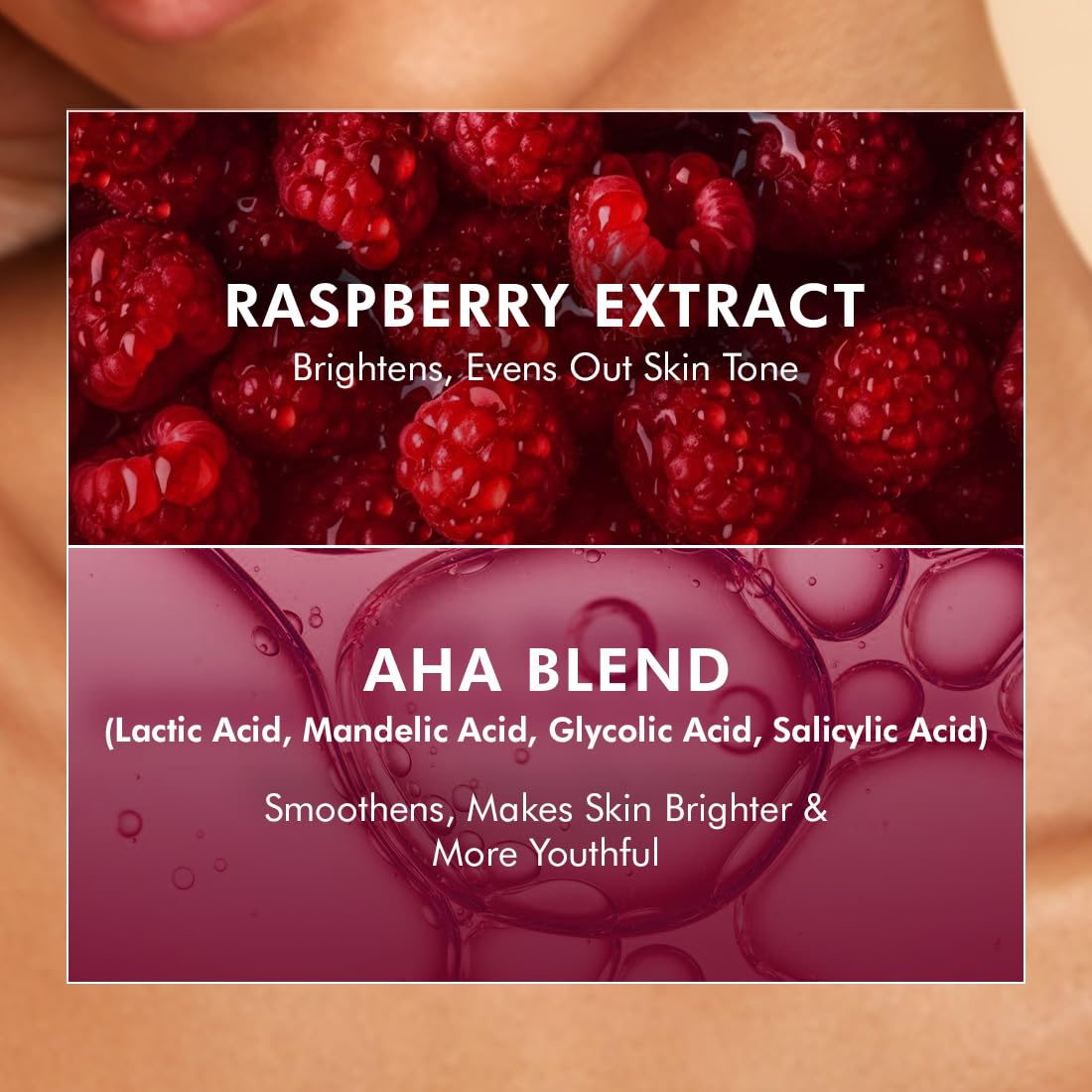 Product advertisement with raspberry extract and AHA blend on a skin background