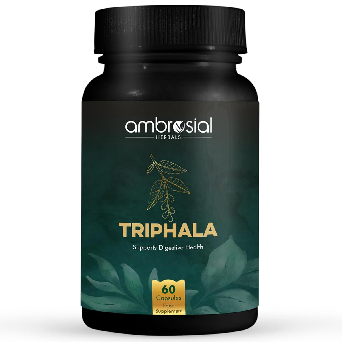 Ambrosial Herbals Triphala supplement bottle on a white background