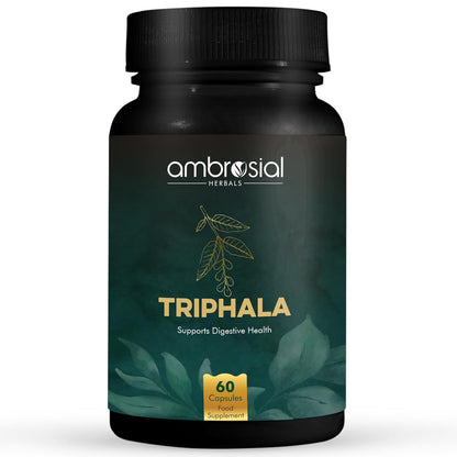 Ambrosial Herbals Triphala supplement bottle on a white background