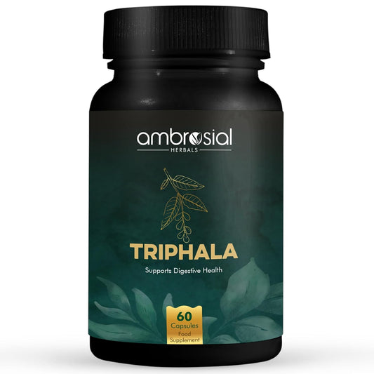 Ambrosial Herbals Triphala supplement bottle on a white background
