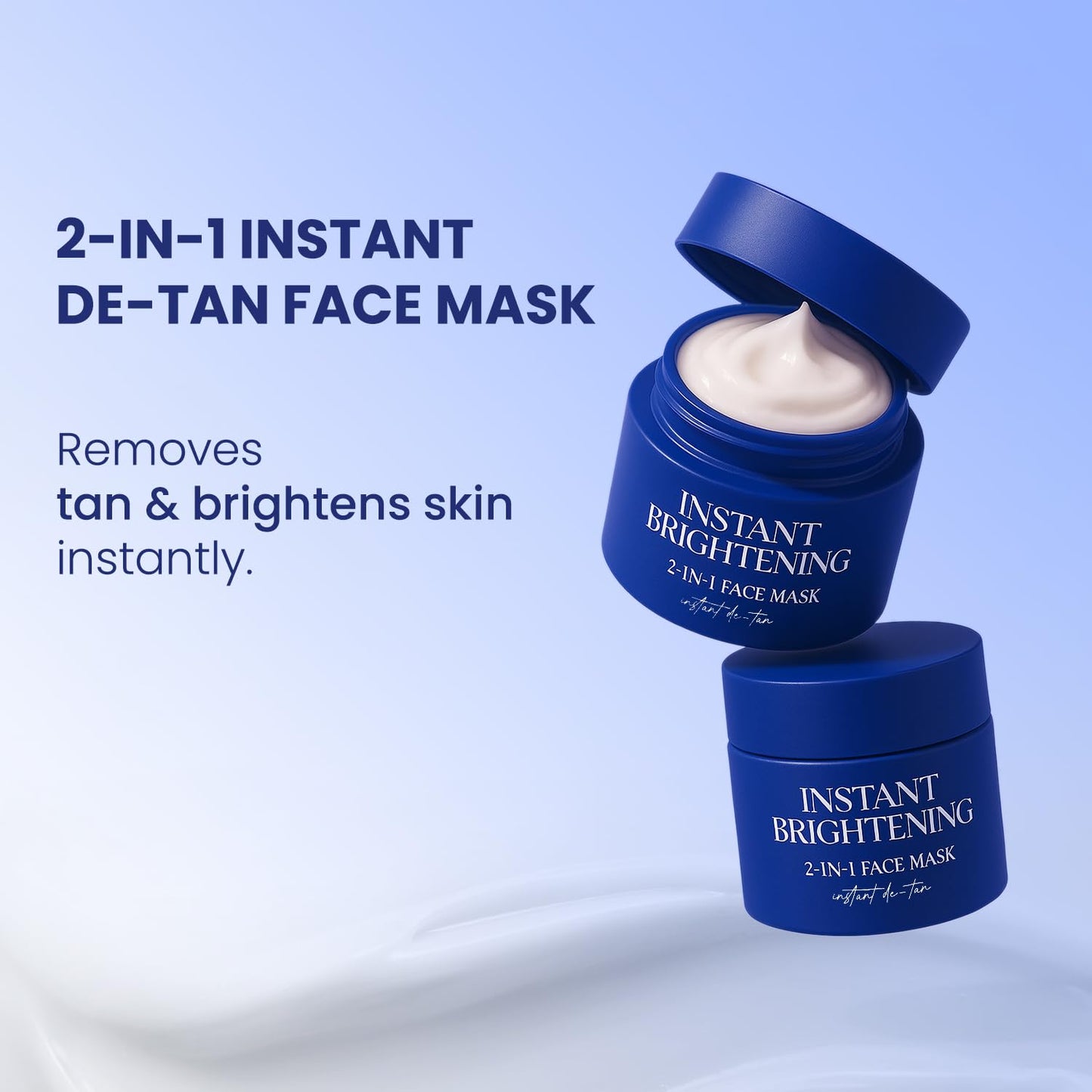 2-in-1 instant de-tan face mask with blue packaging on a light blue background