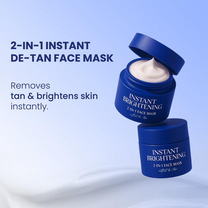 2-in-1 instant de-tan face mask with blue packaging on a light blue background