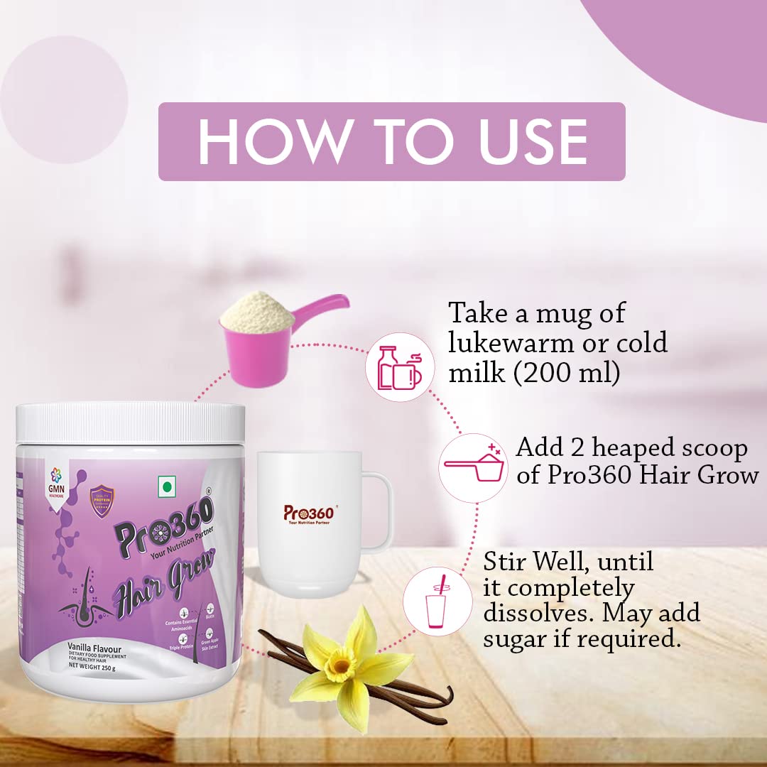 Pro360 Hair Grow Protein Powder for Healthy Hair Growth Nutrition Supplement for Men and Women - Enriched with Biotin and Green Apple Skin Extract - Vanilla Flavor 250g (Pack of 1)