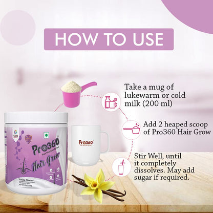 Pro360 Hair Grow Protein Powder for Healthy Hair Growth Nutrition Supplement for Men and Women - Enriched with Biotin and Green Apple Skin Extract - Vanilla Flavor 250g (Pack of 1)