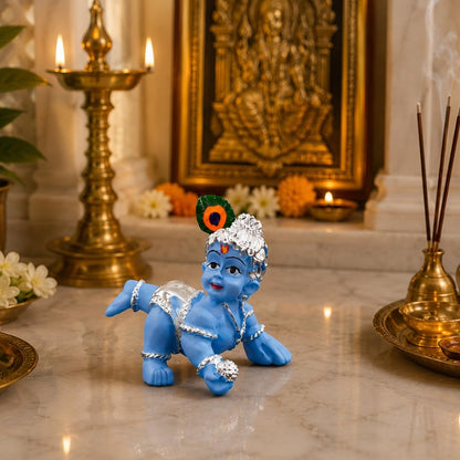 Gold Art India 999 Silver Plated Blue Laddu Gopal Idol | Premium Velvet Gift Box | Bal Krishna Murti for Home Temple & Office | 2.5 Inch