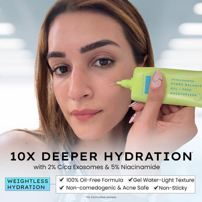 Woman applying a green skincare product with text highlighting hydration benefits.