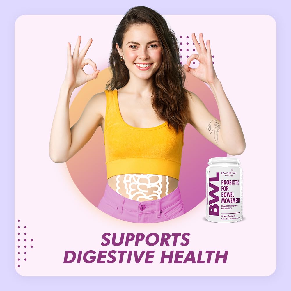 Woman in yellow top and purple pants with a BVL probiotic supplement on a light purple background