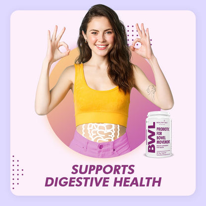 Woman in yellow top and purple pants with a BVL probiotic supplement on a light purple background