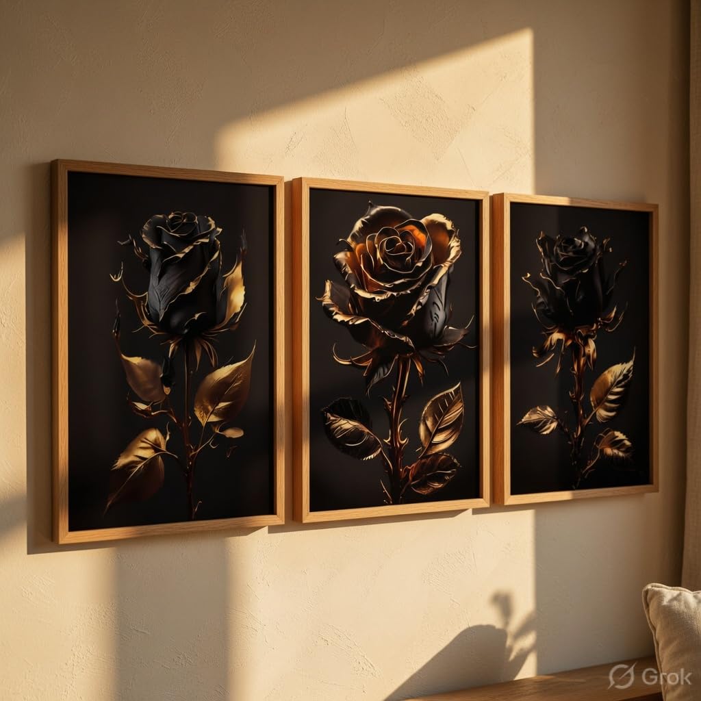 Black Gold Rose Wall Painting Set of 3 with Wooden Frames | Luxury Floral Artwork HD Sparkle Laminated MDF Wall Decor | Elegant Rose Wall Art for Living Room Bedroom Office